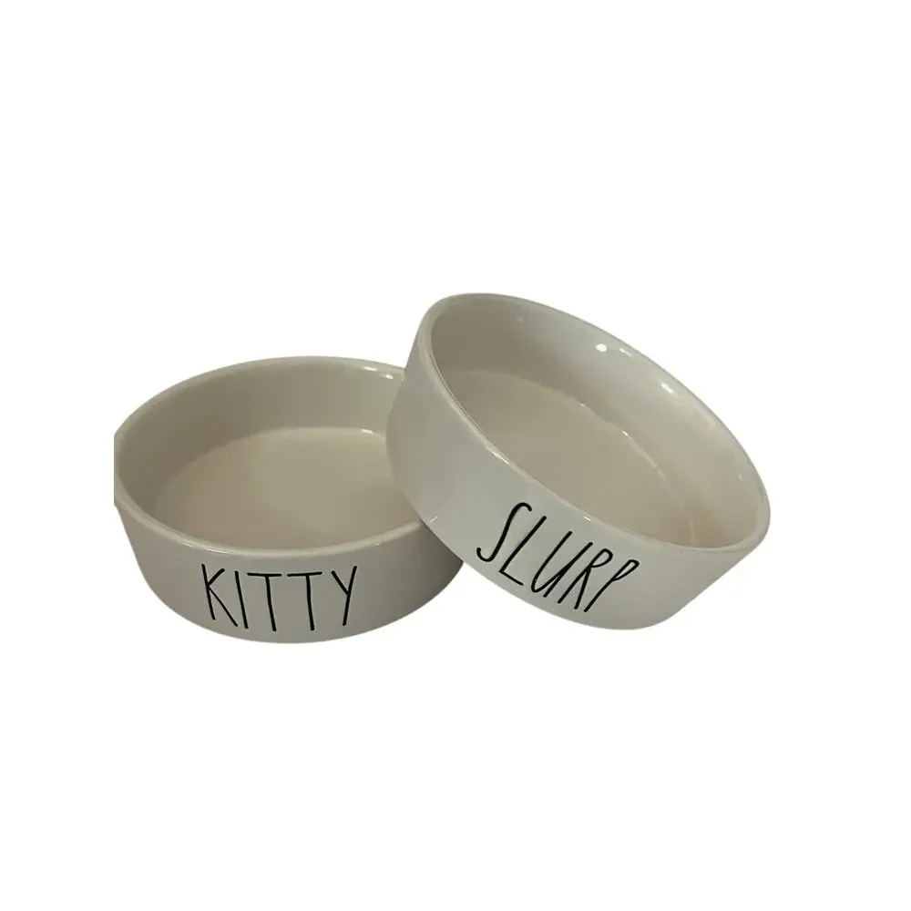 Rae Dunn Ceramic Small Pet Dog Cat Bowls KITTY & SLURP 4.5” Set Of 2 Magenta